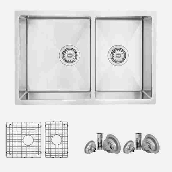 full view Undermount Double Bowl Kitchen Sink, 18 Gauge Stainless Steel with Grids and Standard Strainers , by Stylish® S-403G Sevilla